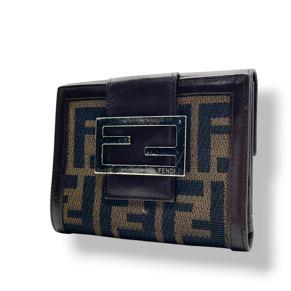 FENDI Bi-fold Wallet, Zucca Canvas Leather, Brown/Beige, Compact Men's/Women'...